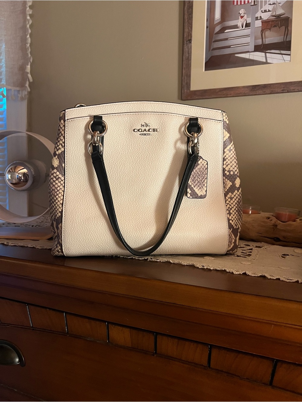 Coach Cream & Snake-Print Trim Leather Satchel with Black Handles